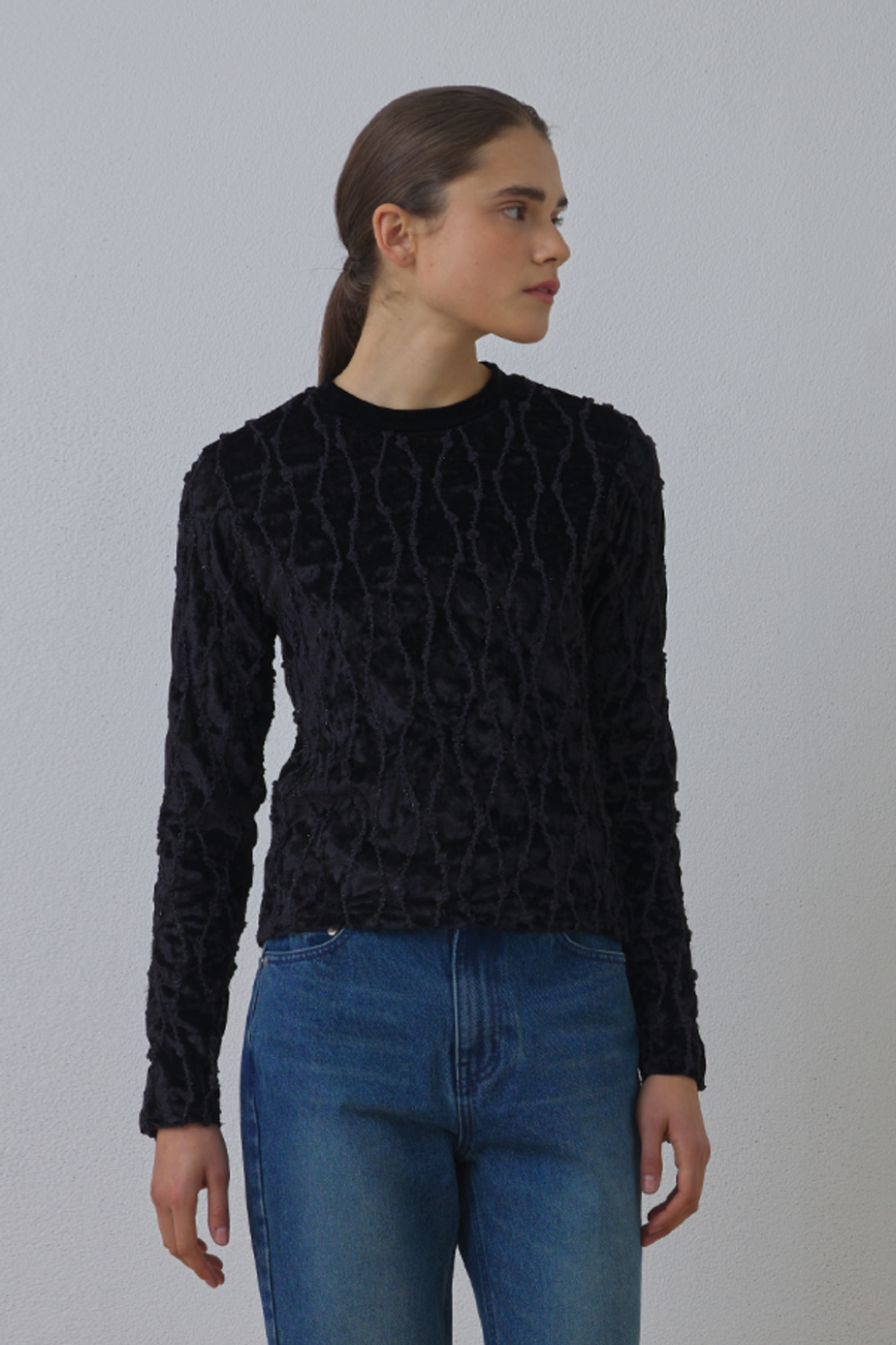 [BLACK] Embroidery velvet top