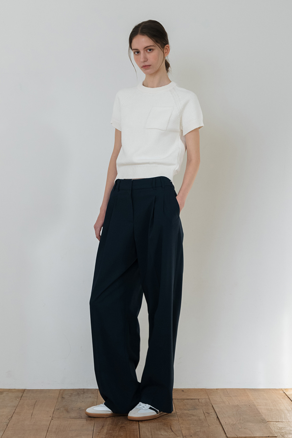 [Navy] Wide Two Pintuck Trousers
