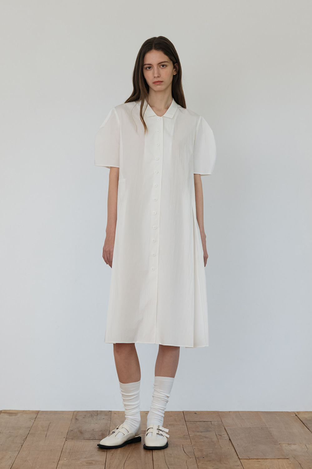 [White] Button Puff Dress